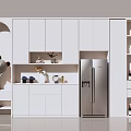 Modern White Wine Cabinet In Kitchen With Refrigerator And Storage Shelves