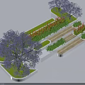 Landscaped Tiered Tree Planter Design With Purple Trees Wooden Steps And Colorful Flowers