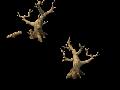 Dead Tree Trunks With Different Sizes And Small Wooden Block Against Black Background 3d model