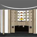 Elegant Teahouse with Circular Ceiling Light Wooden Bookshelves Tea Sets Central Vase and Gray Carpet