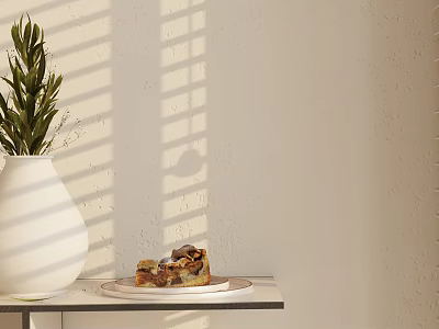 White Vase with Green Plant on Small Table Near Sunlight Shadows on Beige Wall 3d model