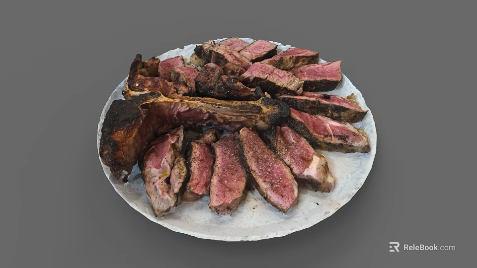 Sliced Grilled Steak With Juicy Tender Meat And Charred Edges On White Plate 3d model 