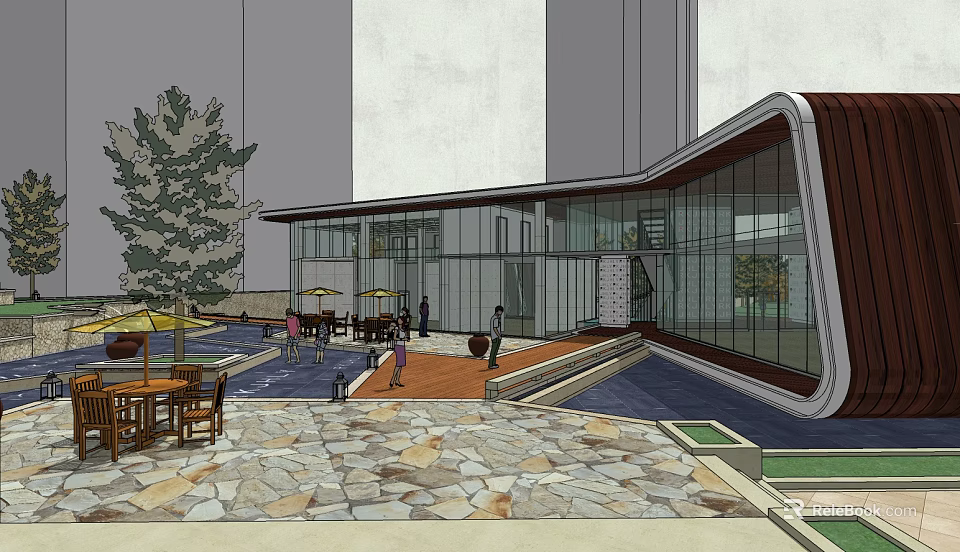 Modern Architectural Exterior With Glass Curtain Walls Outdoor Leisure Area Tables Chairs And Trees 3d model 