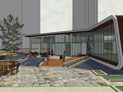 Modern Architectural Exterior With Glass Curtain Walls Outdoor Leisure Area Tables Chairs And Trees 3d model