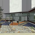 Modern Architectural Exterior With Glass Curtain Walls Outdoor Leisure Area Tables Chairs And Trees