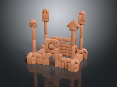 Wooden Building Blocks Constructed Castle Structure With Towers And Archway 3d model