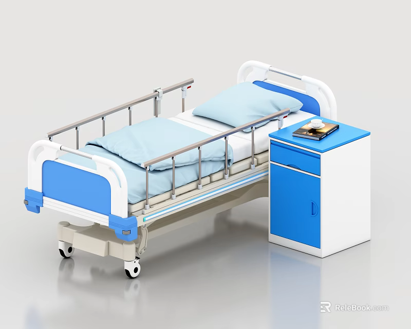 Medical Equipment Hospital Bed With Blue Mattress Safety Rails And Bedside Cabinet 3d model 