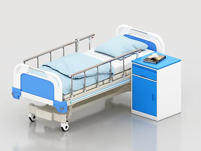 Medical Equipment Hospital Bed With Blue Mattress Safety Rails And Bedside Cabinet 3d model