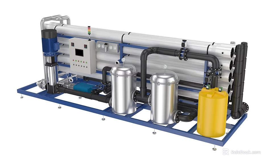 Industrial Processing Equipment With Stainless Steel Tanks Pipes Control Panel And Yellow Container 3d model 