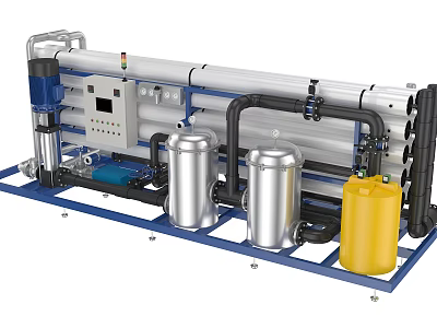 Industrial Processing Equipment With Stainless Steel Tanks Pipes Control Panel And Yellow Container 3d model