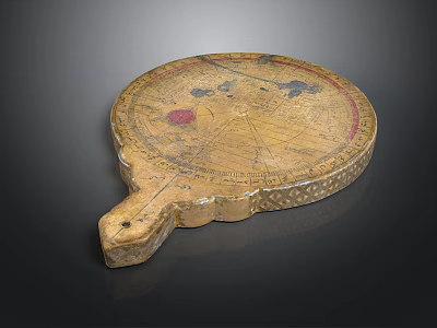 Antique Wooden Astrolabe With Decorative Motifs And Engraved Scales On Handle 3d model