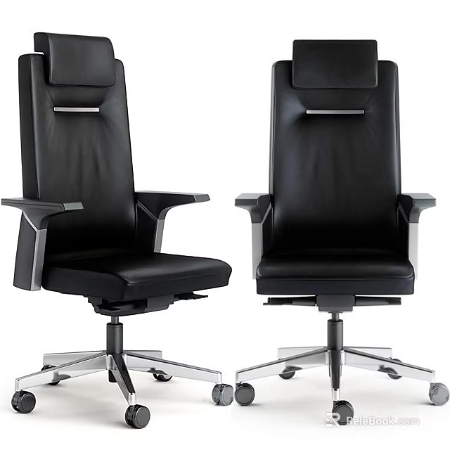 Black Leather Office Chair With High Back Silver Armrests And Wheeled Base 3d model 