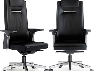 Black Leather Office Chair With High Back Silver Armrests And Wheeled Base 3d model