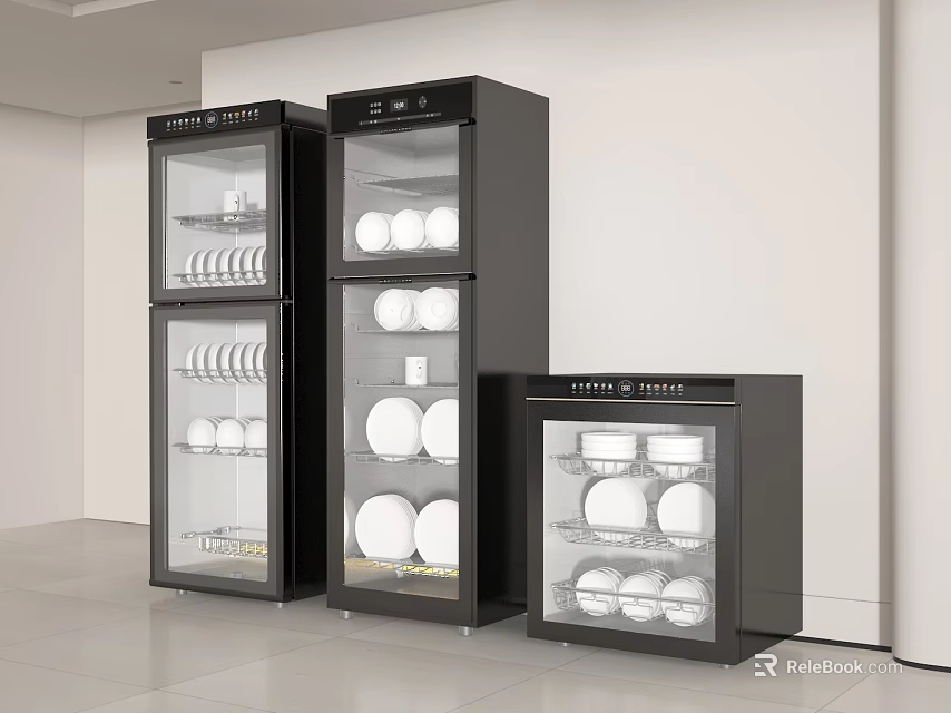 Modern Black Kitchen Appliances With Glass Door Cabinets In Different Sizes For Dish Storage 3d model 