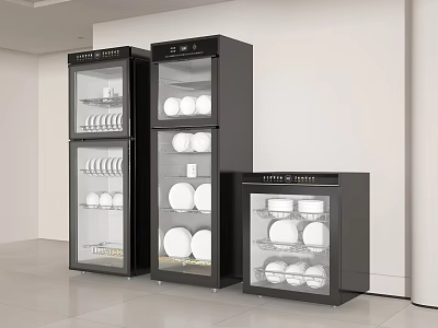 Modern Black Kitchen Appliances With Glass Door Cabinets In Different Sizes For Dish Storage 3d model