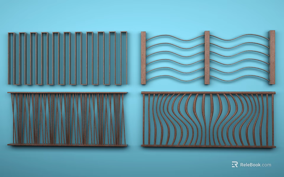 Modern Metal Railings Featuring Vertical Slats And Wavy Patterns On Light Blue Background 3d model