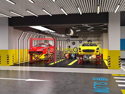 Car Repair Garage Interior With Two Vehicles On Lifts And Warning Stripes 3d model