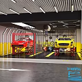 Car Repair Garage Interior With Two Vehicles On Lifts And Warning Stripes