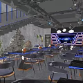 Modern Chic Bar Interior With Blue Lighting Black Furniture And Neon Decor