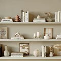 Decorative Ornament Set on Beige Shelves with Books Vases Sculptures Dried Plants and Frames