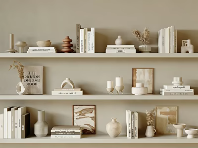 Decorative Ornament Set on Beige Shelves with Books Vases Sculptures Dried Plants and Frames 3d model