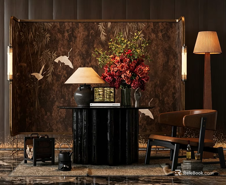 Elegant Black Round Console Table With Floral Arrangement Crane Patterned Backdrop And Table Lamp 3d model 
