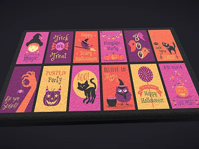 Halloween Square Rug With Witch Cat Pumpkin Broom Trick or Treat Happy Halloween Cartoon Designs 3d model