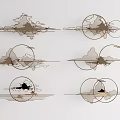 Modern Metal Wall Decor With Circular Frames And Abstract Mountain Motifs 3d model