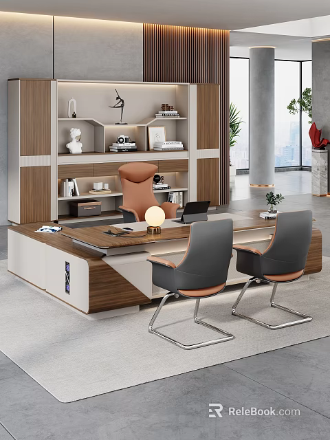 Modern Office Desk With Wooden White Top Two Gray Chairs Lamp And Laptop 3d model 