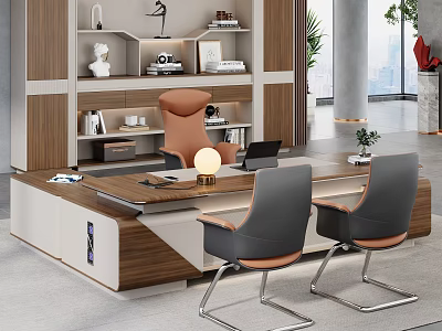Modern Office Desk With Wooden White Top Two Gray Chairs Lamp And Laptop 3d model