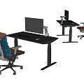 Black Adjustable Height Office Desks With Computer Monitors And Ergonomic Chairs 3d model