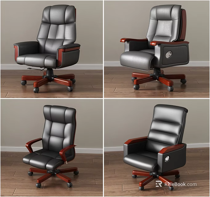 Executive Leather Office Chair With Wooden Armrests Swivel Base And Rolling Wheels 3d model 