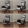 Executive Leather Office Chair With Wooden Armrests Swivel Base And Rolling Wheels