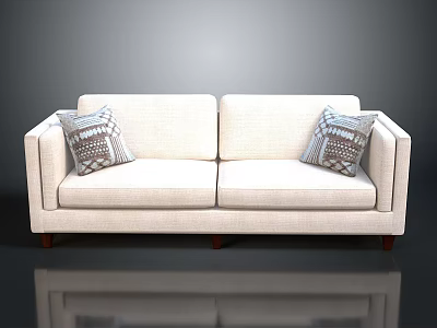 Beige Two Seater Sofa With Geometric Pattern Pillows And Dark Wooden Legs 3d model