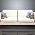 Beige Two Seater Sofa With Geometric Pattern Pillows And Dark Wooden Legs