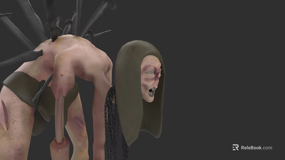 Game Movie Character With Twisted Body Spiked Back Tattered Skin Hooded Head And Distorted Face 3d model 