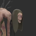 Game Movie Character With Twisted Body Spiked Back Tattered Skin Hooded Head And Distorted Face