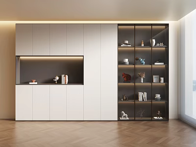 Modern Sideboard With White Cabinetry Glass Door Shelves LED Lighting Decorative Items And Wooden Floor 3d model