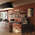 Modern Coffee Shop Interior With Wooden Counter Coffee Machine And Neon Sign