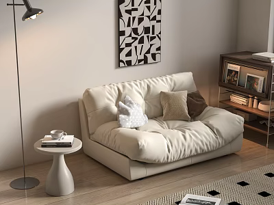 Cream Colored Floor Sofa With Floor Lamp Side Table Geometric Wall Art Bookshelf And Rug 3d model