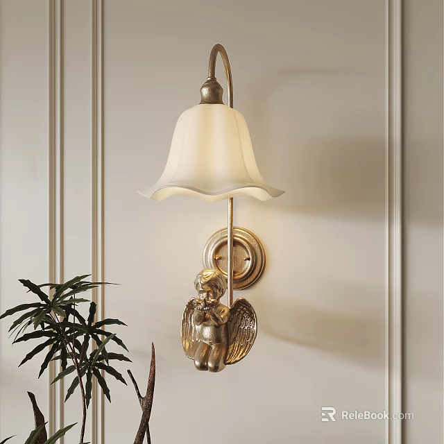 Elegant Brass Wall Lamp With Angel Decoration White Lampshade For Indoor Decor 3d model 