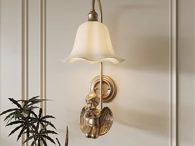 Elegant Brass Wall Lamp With Angel Decoration White Lampshade For Indoor Decor 3d model
