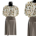 Clothes Hanger Displaying Floral Blouse Gray Skirt And Beige Dress With Waist Tie
