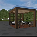 Outdoor Wooden Pergola With Blue Canopy Lattice Screens And Wicker Seats