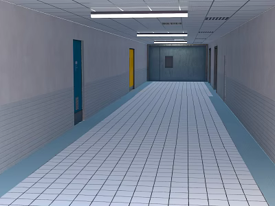 Long Corridor Interior With White Tiled Floor Gray Walls And Colored Doors 3d model