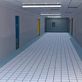 Long Corridor Interior With White Tiled Floor Gray Walls And Colored Doors