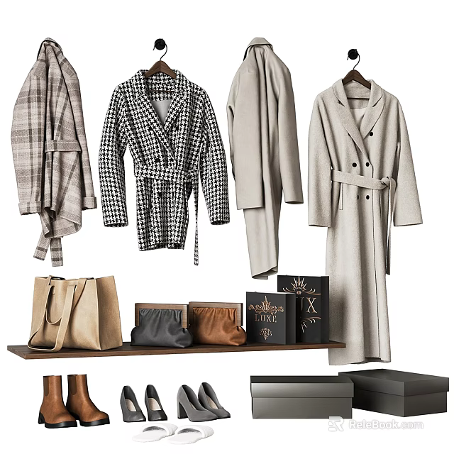 Stylish Outerwear Plaid Houndstooth Long Coats With Leather Bags Shoes And Accessories 3d model 