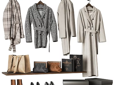 Stylish Outerwear Plaid Houndstooth Long Coats With Leather Bags Shoes And Accessories 3d model