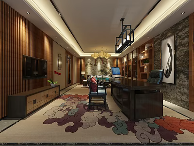 Modern Office Interior Design With Wooden Furniture Large Desk And Decorative Elements 3d model
