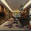 Modern Office Interior Design With Wooden Furniture Large Desk And Decorative Elements